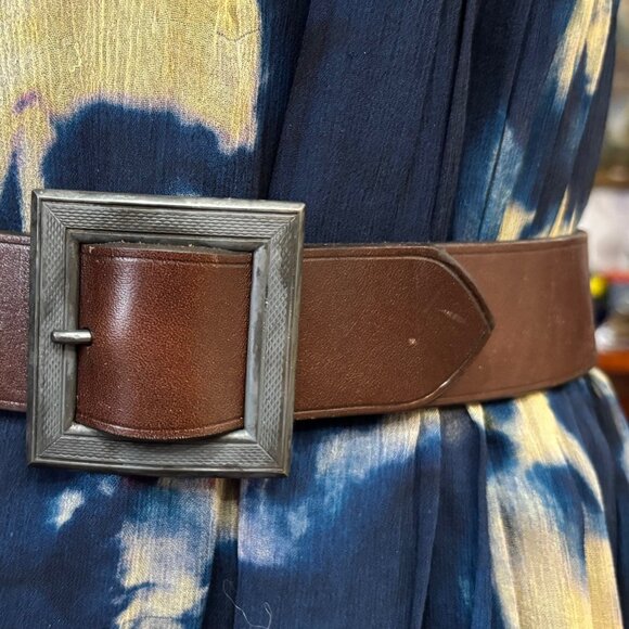New Ralph Lauren Collection Brown Leather Art Deco Belt SILVER Buckles S - Picture 4 of 6